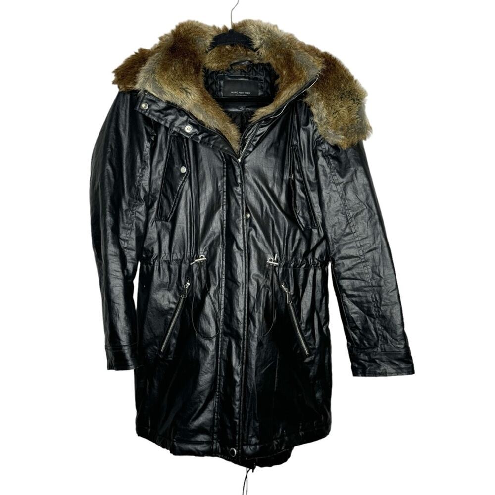 MARC NEW YORK / black faux fur trimmed long line coat / S